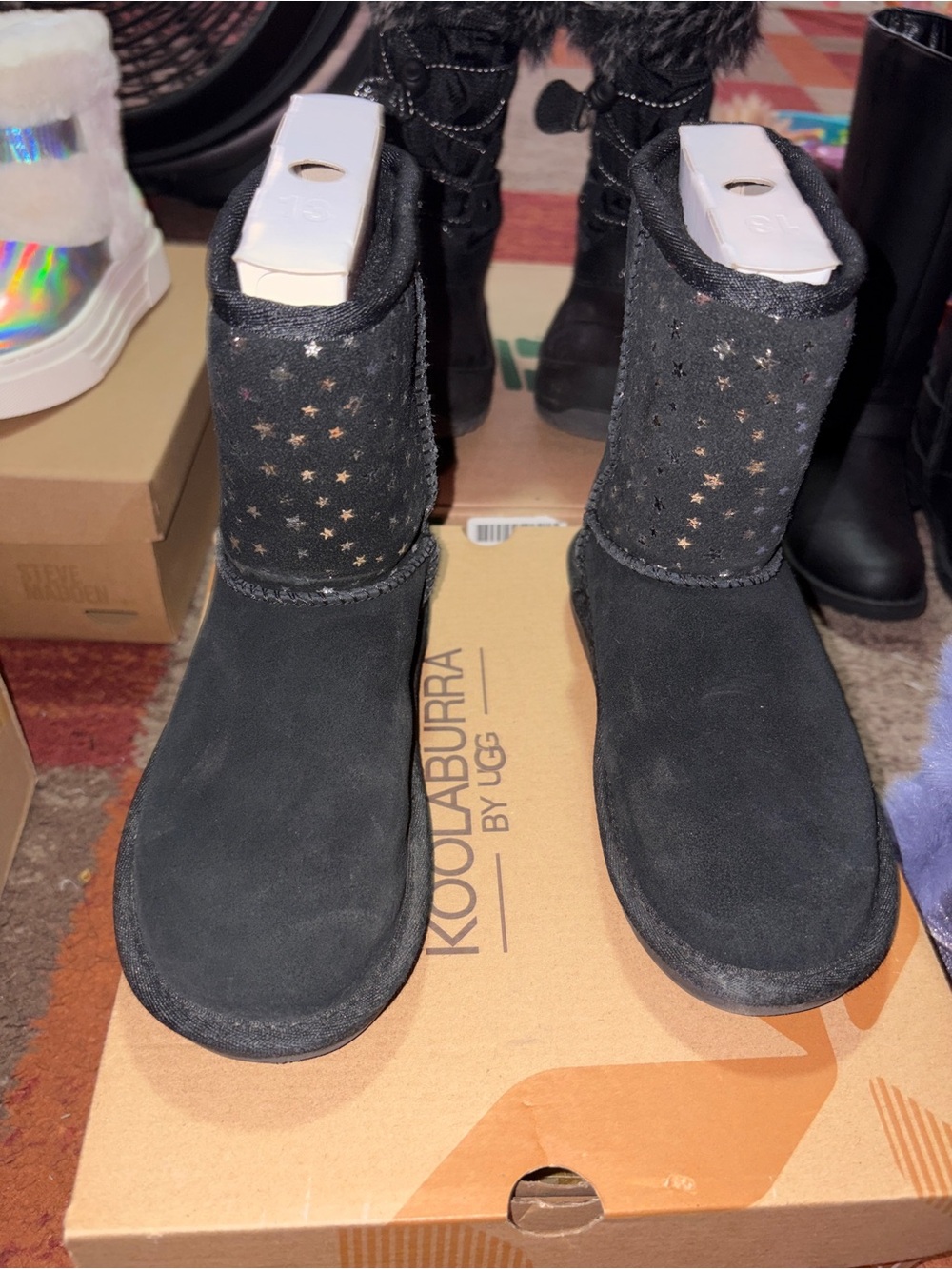 Koolaburra Kids Black Suede Short Boots with Star Cutouts